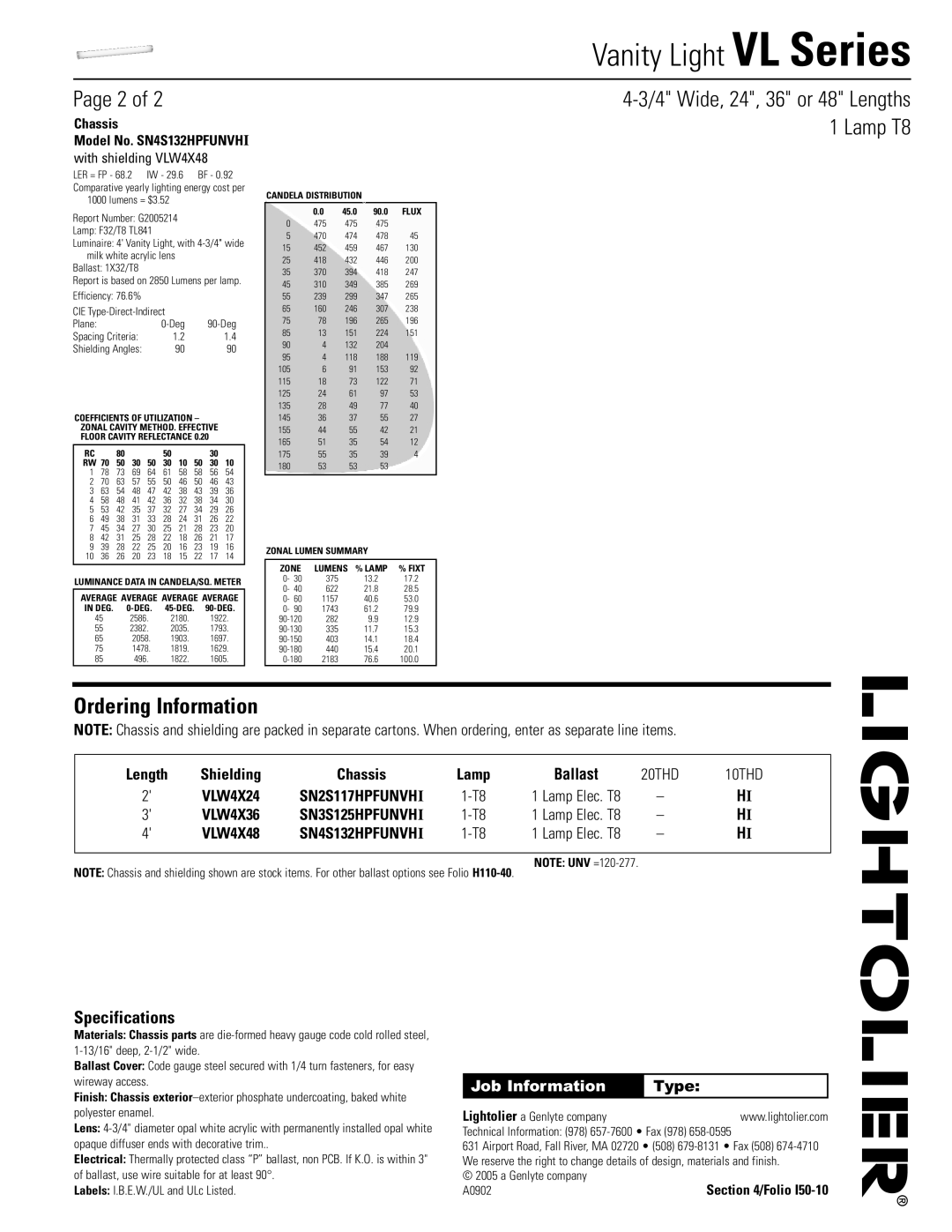 Lightolier VL Series dimensions Wide, 24, 36 or 48 Lengths Lamp T8, Specifications, Chassis, Flux 