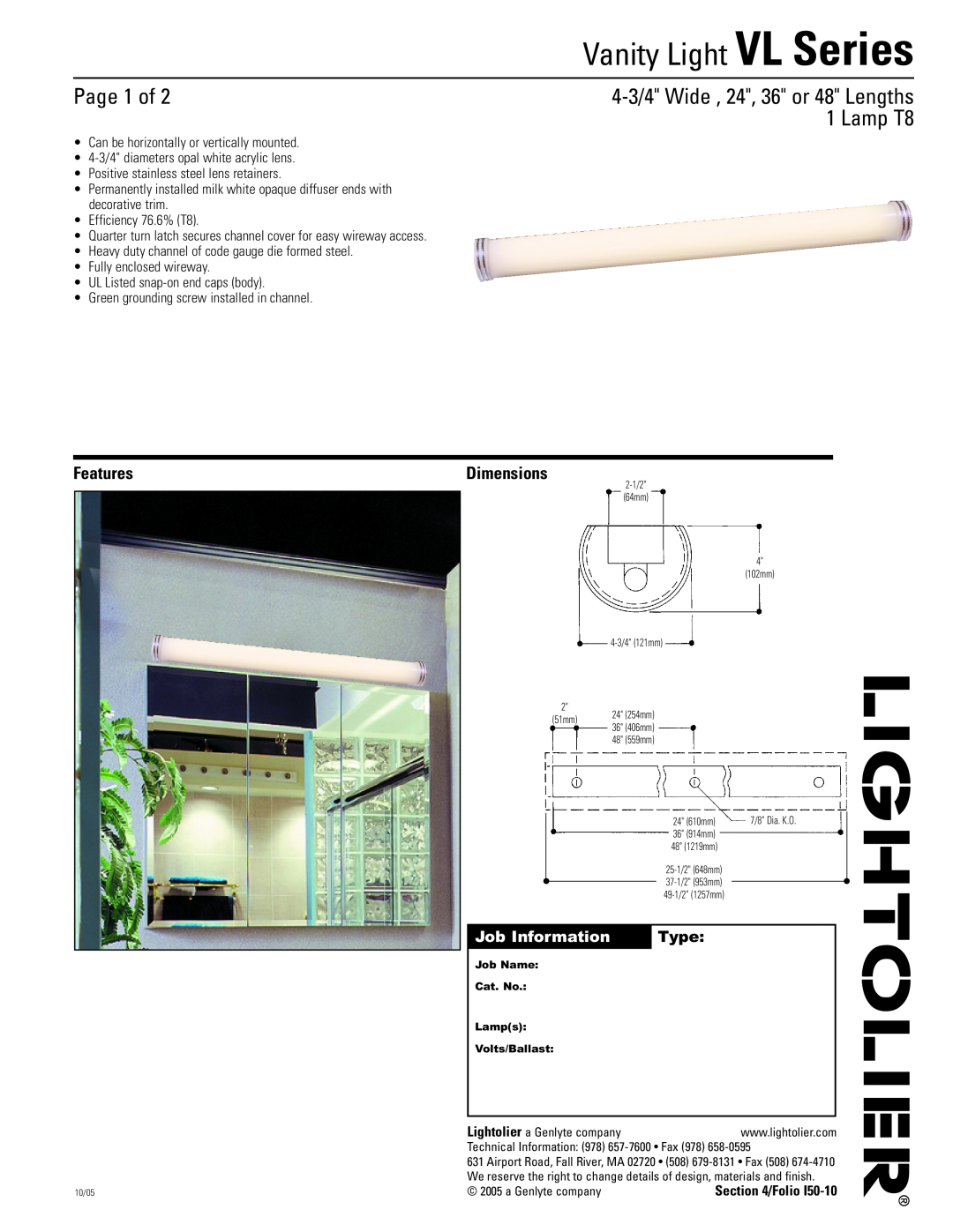 Lightolier dimensions Page 1 of, Lamp T8, Features, Job Information, Type, Dimensions, Vanity Light VL Series 