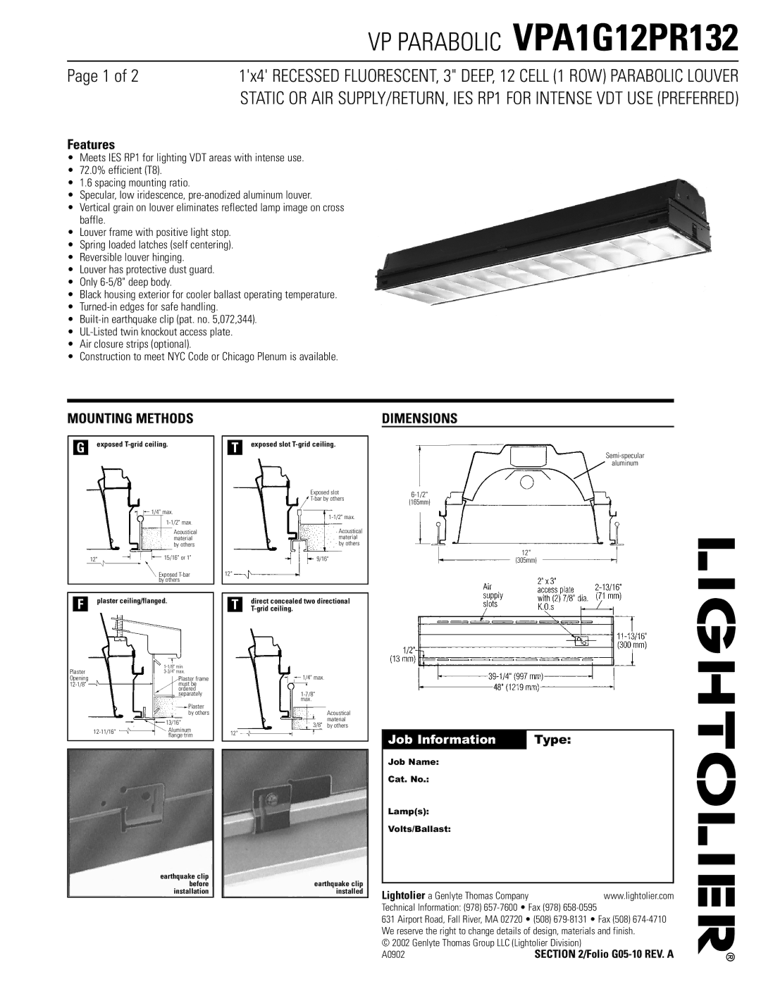 Lightolier VPA1G12PR132 dimensions Mounting Methods, Dimensions 