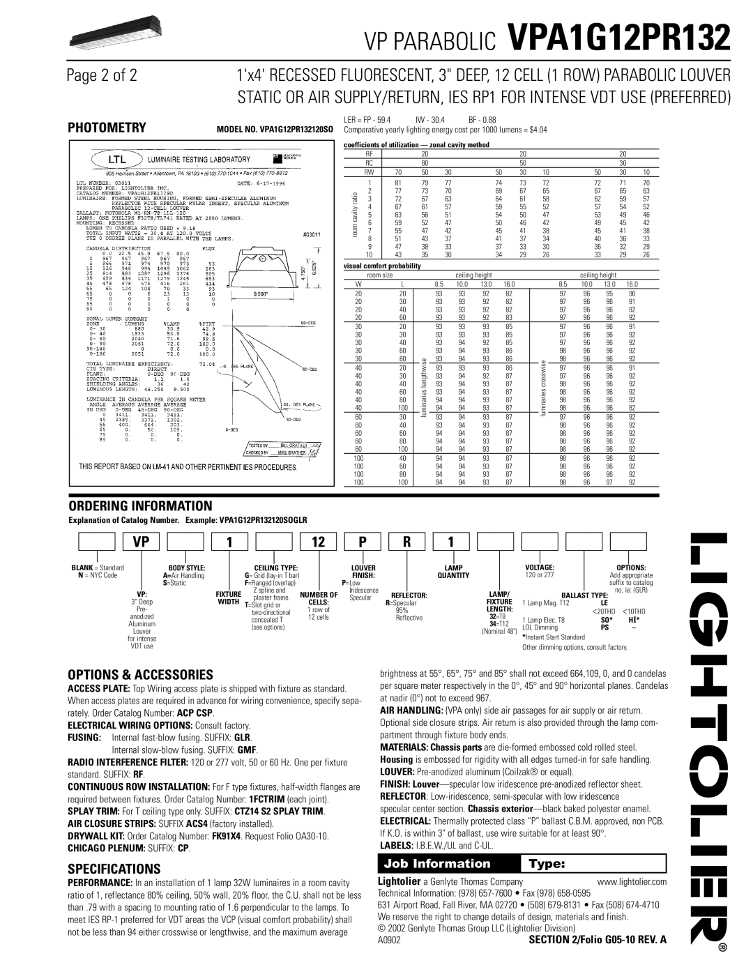 Lightolier VPA1G12PR132 dimensions Photometry, Ordering Information, Options & Accessories, Specifications 