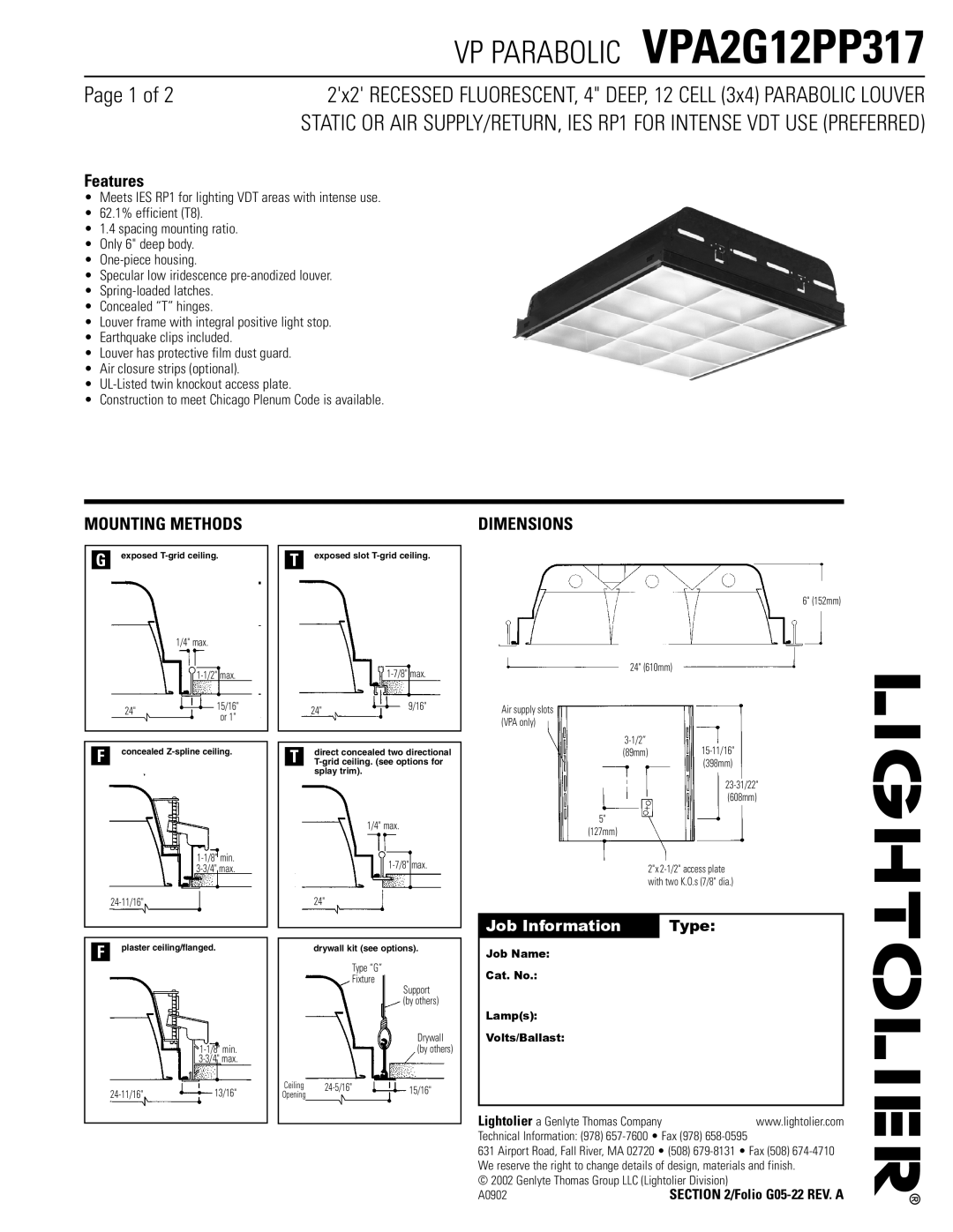 Lightolier VPA2G12PP317 dimensions Features, Mounting Methods, Dimensions, Job Information Type 