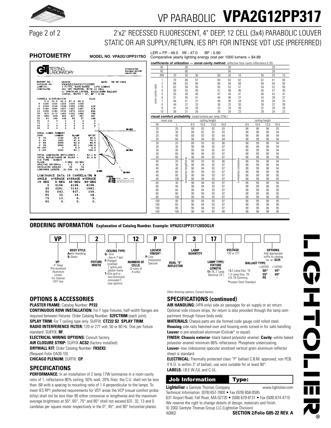 Lightolier VPA2G12PP317 dimensions Options & Accessories, Specifications, Job Information 