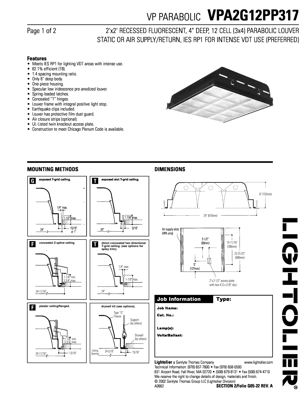 Lightolier dimensions VP PARABOLIC VPA2G12PP317, Page 1 of, Features, Mounting Methods, Dimensions 