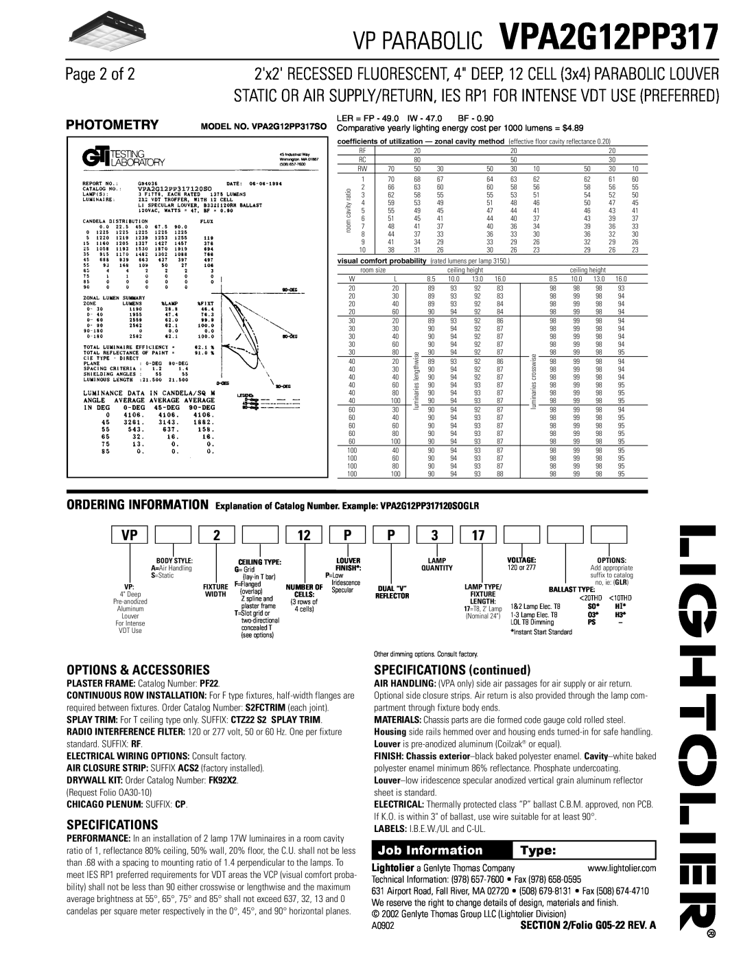 Lightolier VPA2G12PP317 dimensions Page 2 of, Options & Accessories, Specifications, SPECIFICATIONS continued, Photometry 