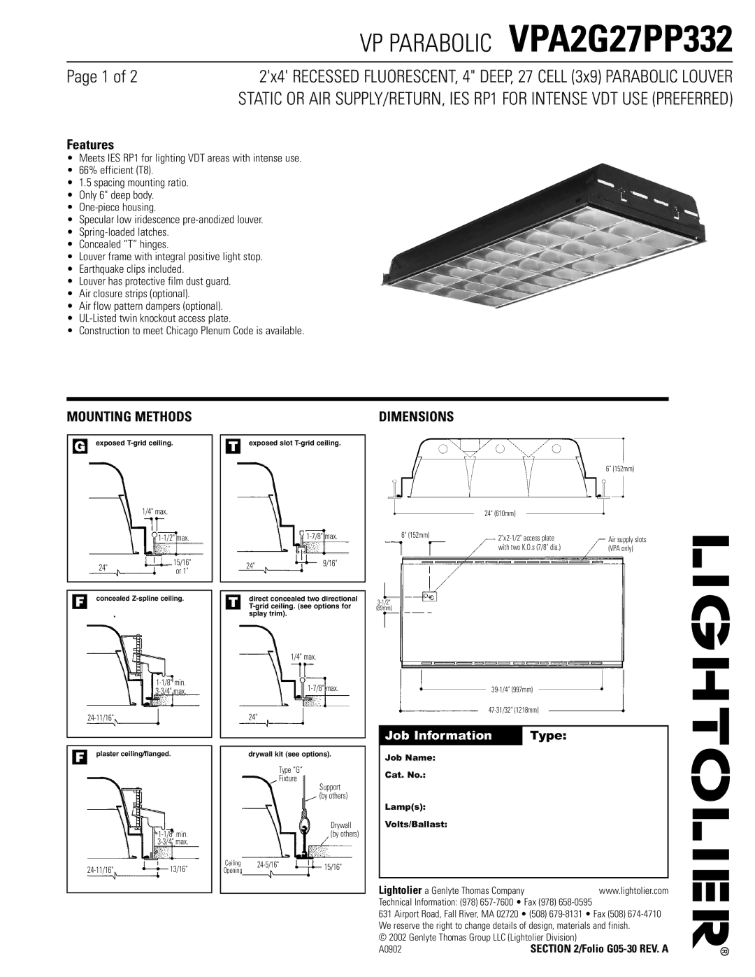 Lightolier VPA2G27PP332 dimensions Features, Mounting Methods, Dimensions 