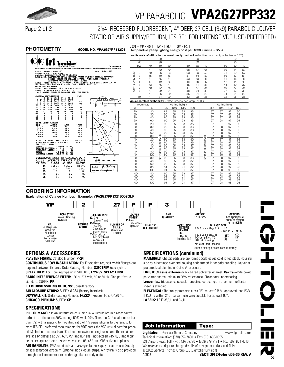 Lightolier VPA2G27PP332 dimensions Photometry, Ordering Information, Options & Accessories, Specifications 