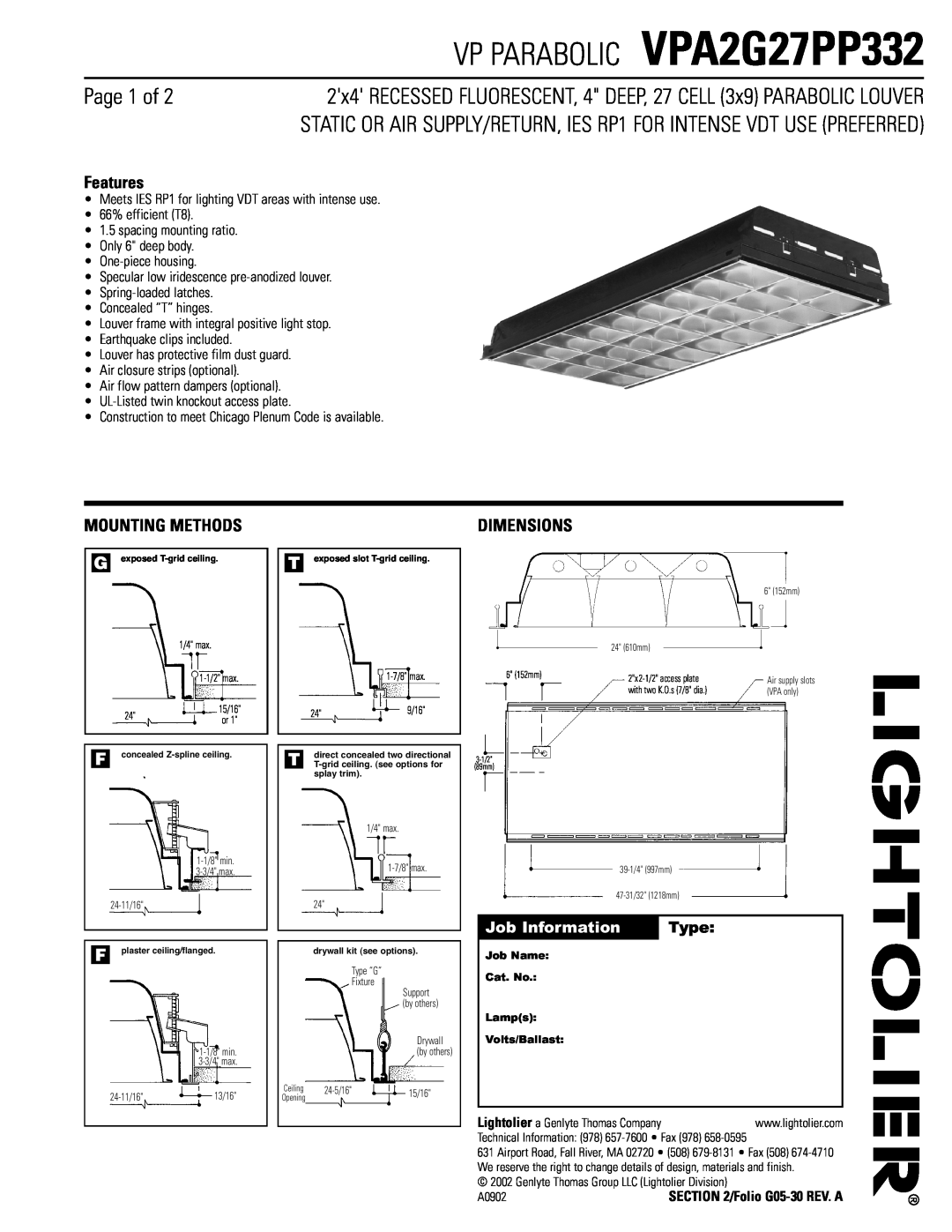 Lightolier dimensions VP PARABOLIC VPA2G27PP332, Page 1 of, Features, Mounting Methods, Dimensions 