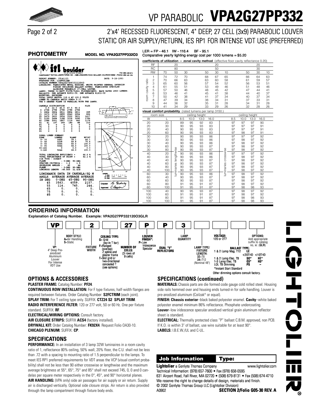 Lightolier VPA2G27PP332 dimensions Page 2 of, Options & Accessories, Specifications, SPECIFICATIONS continued, Photometry 