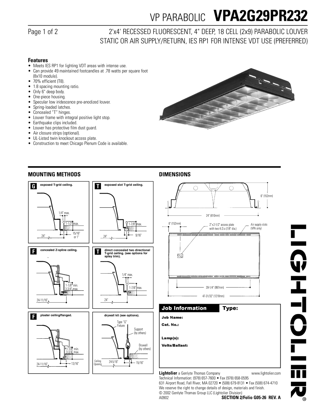 Lightolier VPA2G29PR232 dimensions Features, Mounting Methods, Dimensions 