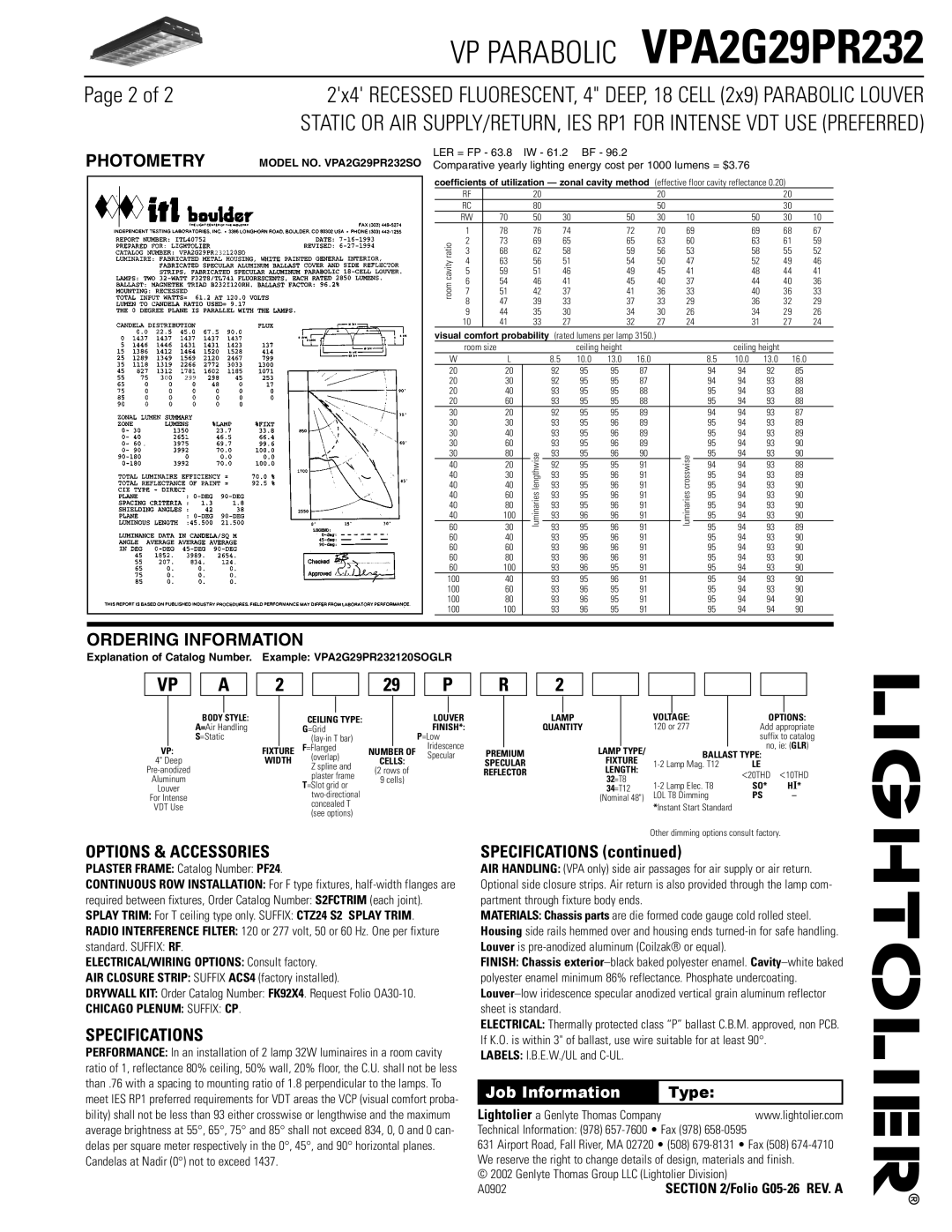 Lightolier VPA2G29PR232 dimensions Photometry, Ordering Information, Options & Accessories, Specifications 