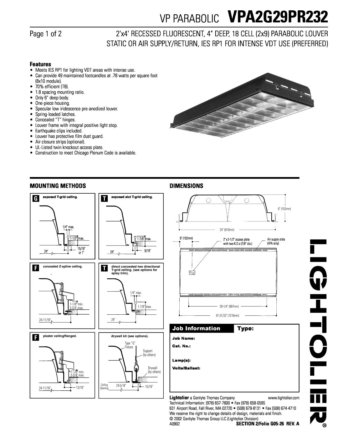 Lightolier dimensions VP PARABOLIC VPA2G29PR232, Page 1 of, Features, Mounting Methods, Dimensions 