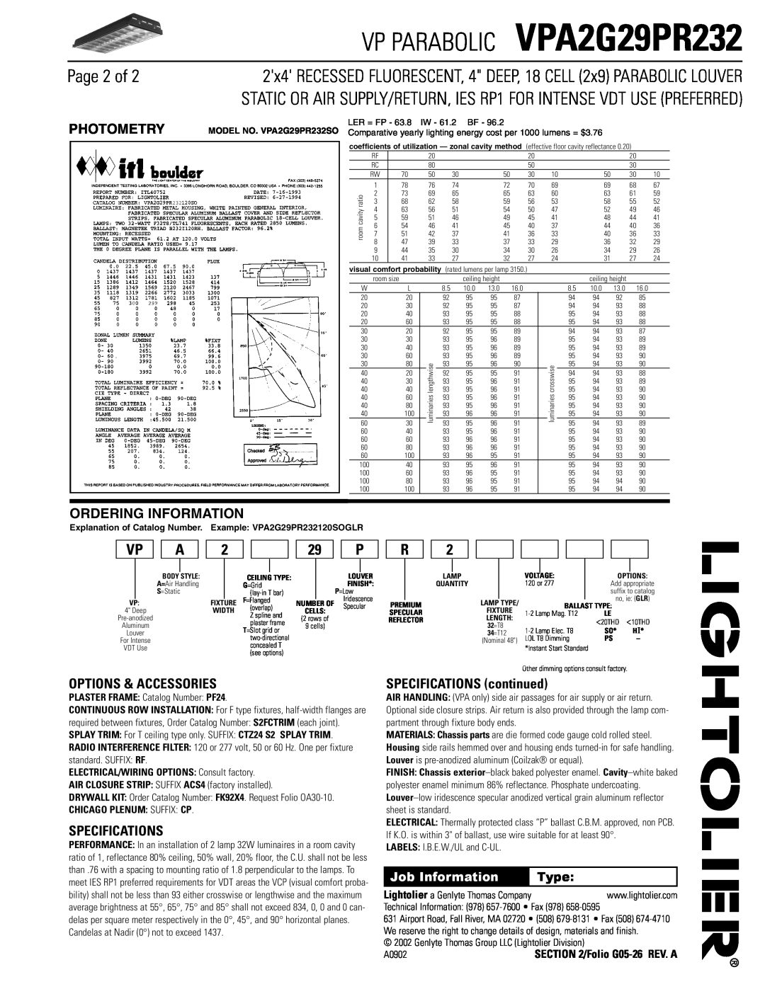 Lightolier VPA2G29PR232 dimensions Page 2 of, Options & Accessories, Specifications, SPECIFICATIONS continued, Photometry 