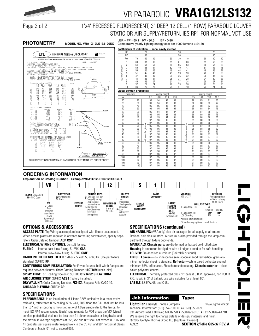 Lightolier VRA1G12LS132 dimensions Options & Accessories, Specifications 