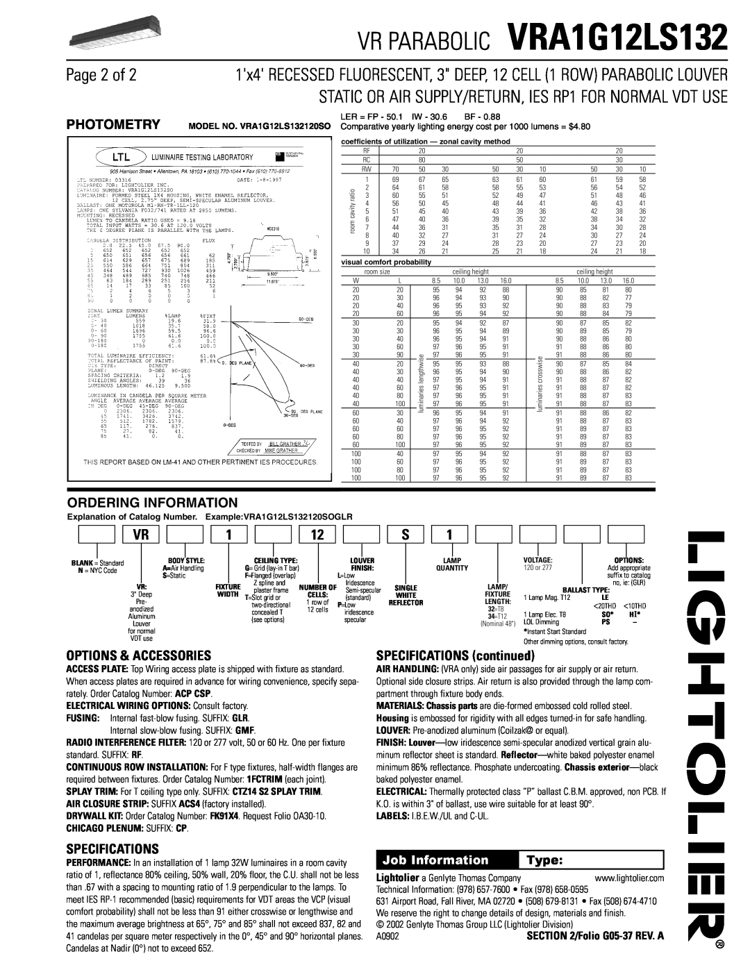 Lightolier VRA1G12LS132 Page 2 of, Options & Accessories, SPECIFICATIONS continued, Specifications, Photometry, Type 