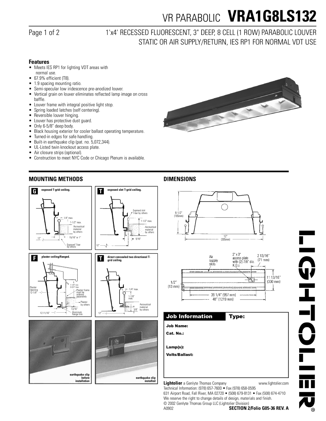 Lightolier VRA1G8LS132 dimensions Mounting Methods, Dimensions 