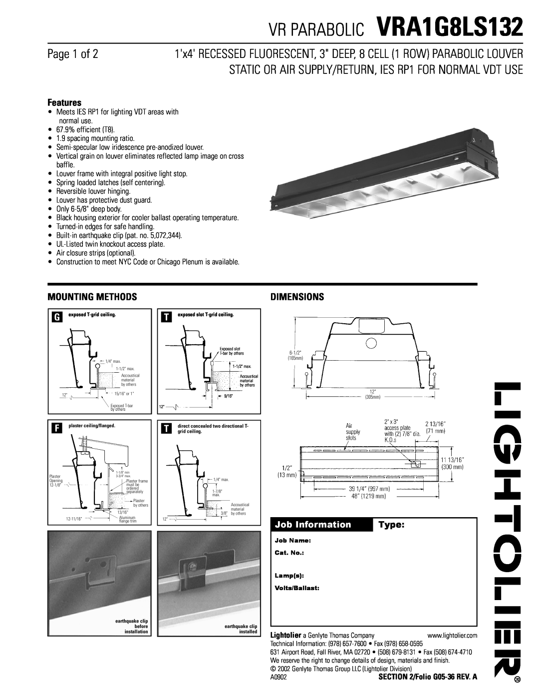 Lightolier dimensions VR PARABOLIC VRA1G8LS132, Page 1 of, Features, Mounting Methods, Dimensions, Job Information 