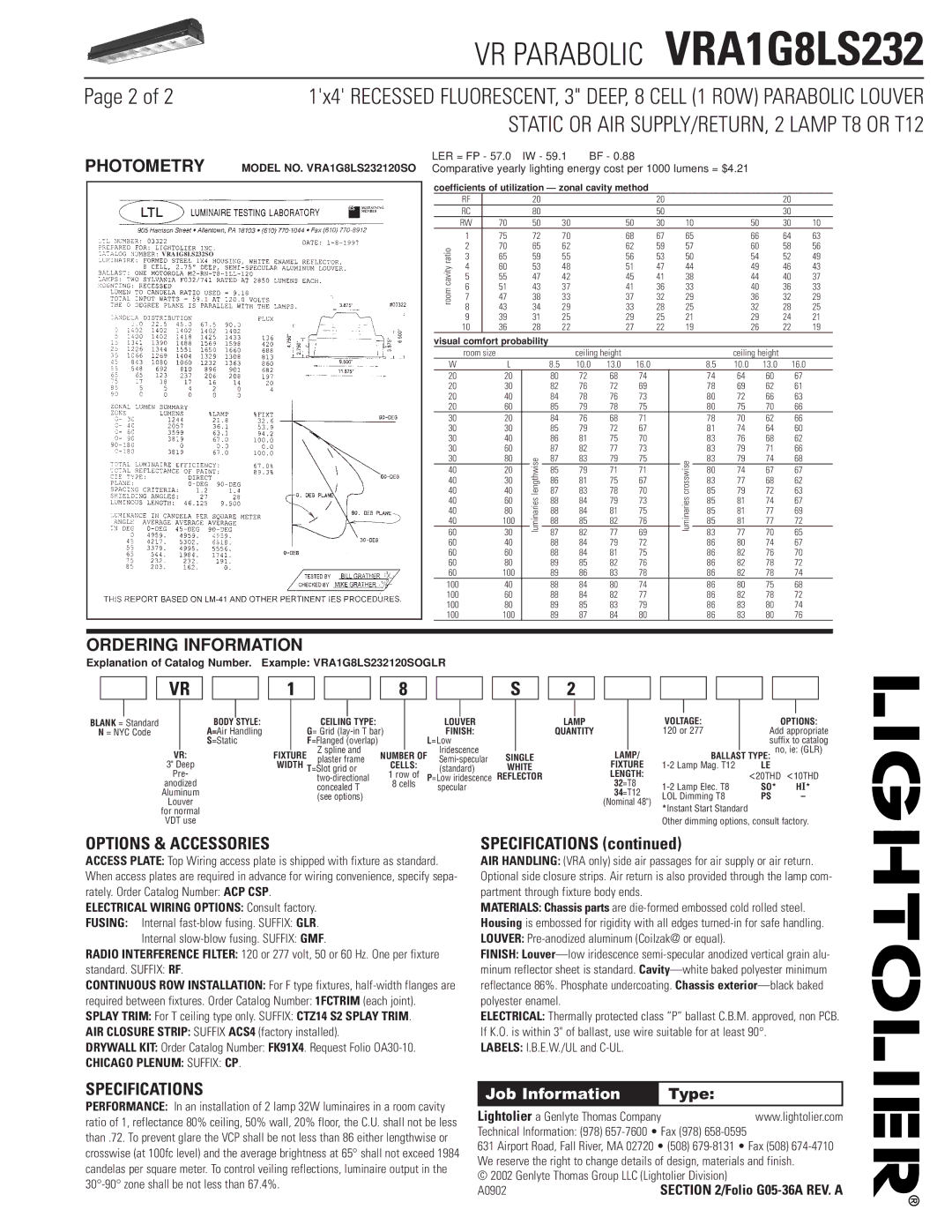 Lightolier VRA1G8LS232 dimensions Options & Accessories, Specifications 