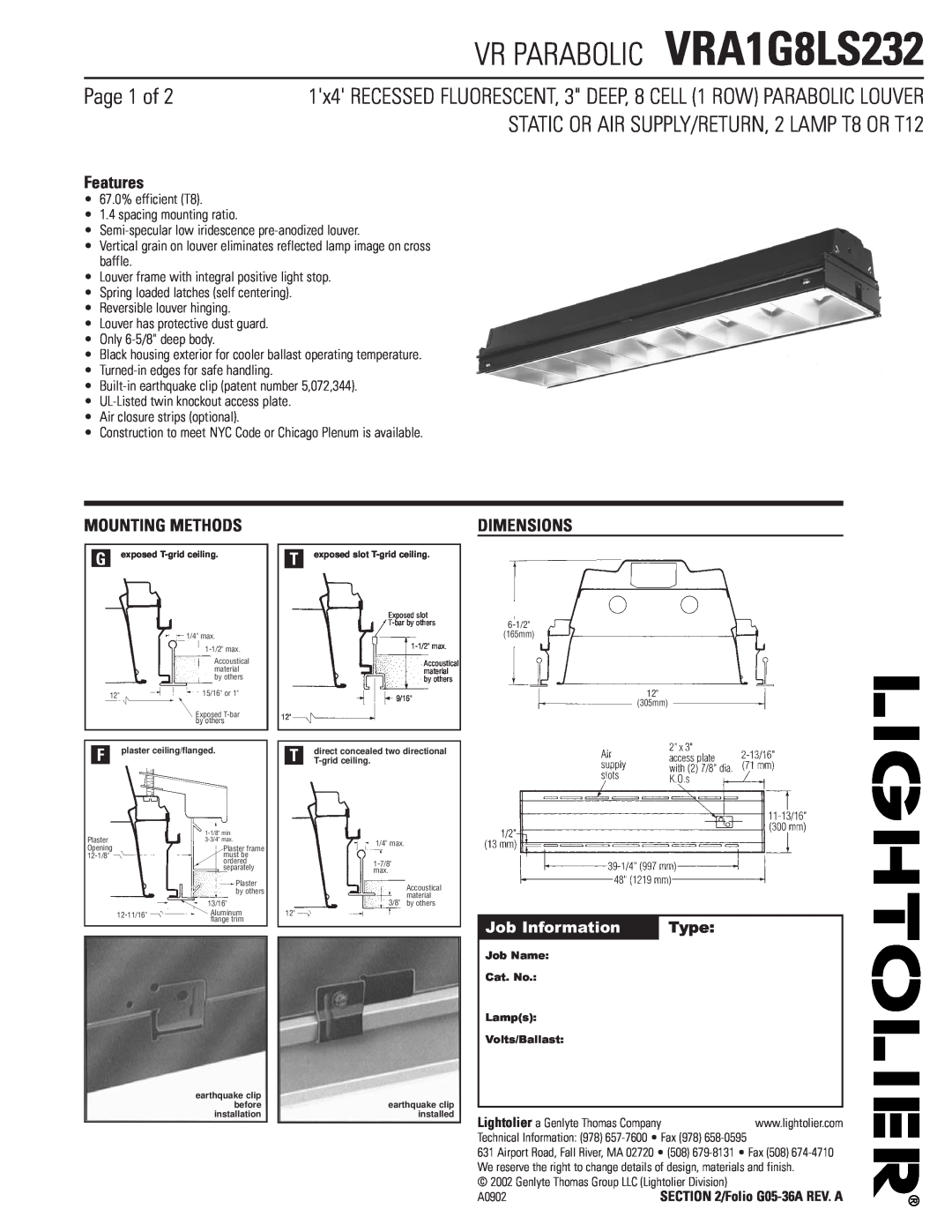 Lightolier dimensions VR PARABOLIC VRA1G8LS232, Page 1 of, STATIC OR AIR SUPPLY/RETURN, 2 LAMP T8 OR T12, Features 