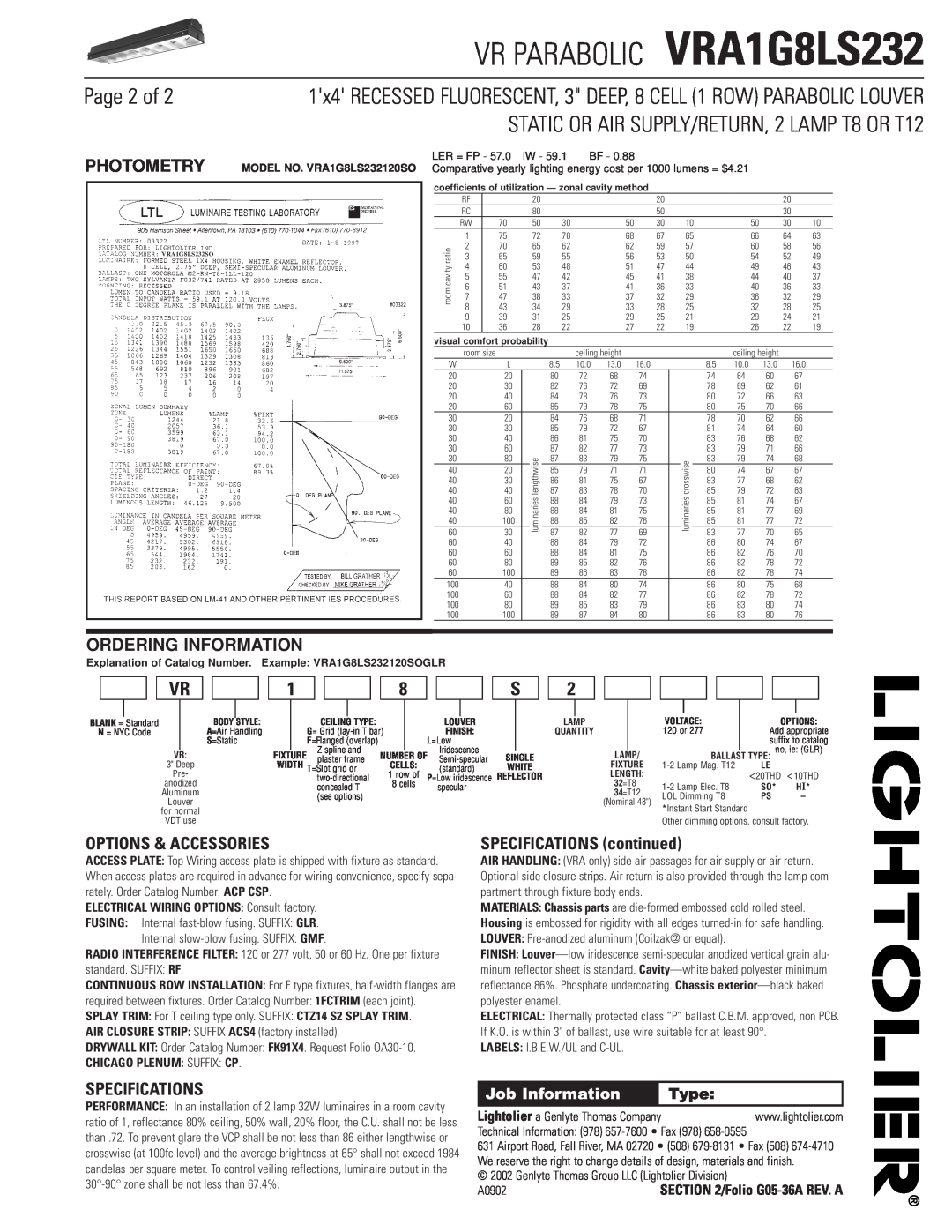 Lightolier VRA1G8LS232 Page 2 of, Options & Accessories, Specifications, SPECIFICATIONS continued, Ordering Information 