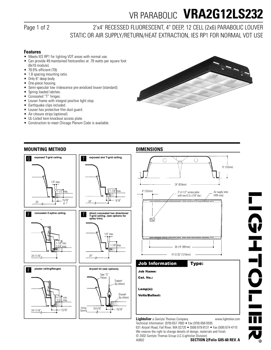 Lightolier VRA2G12LS232 dimensions Features, Mounting Method, Dimensions 