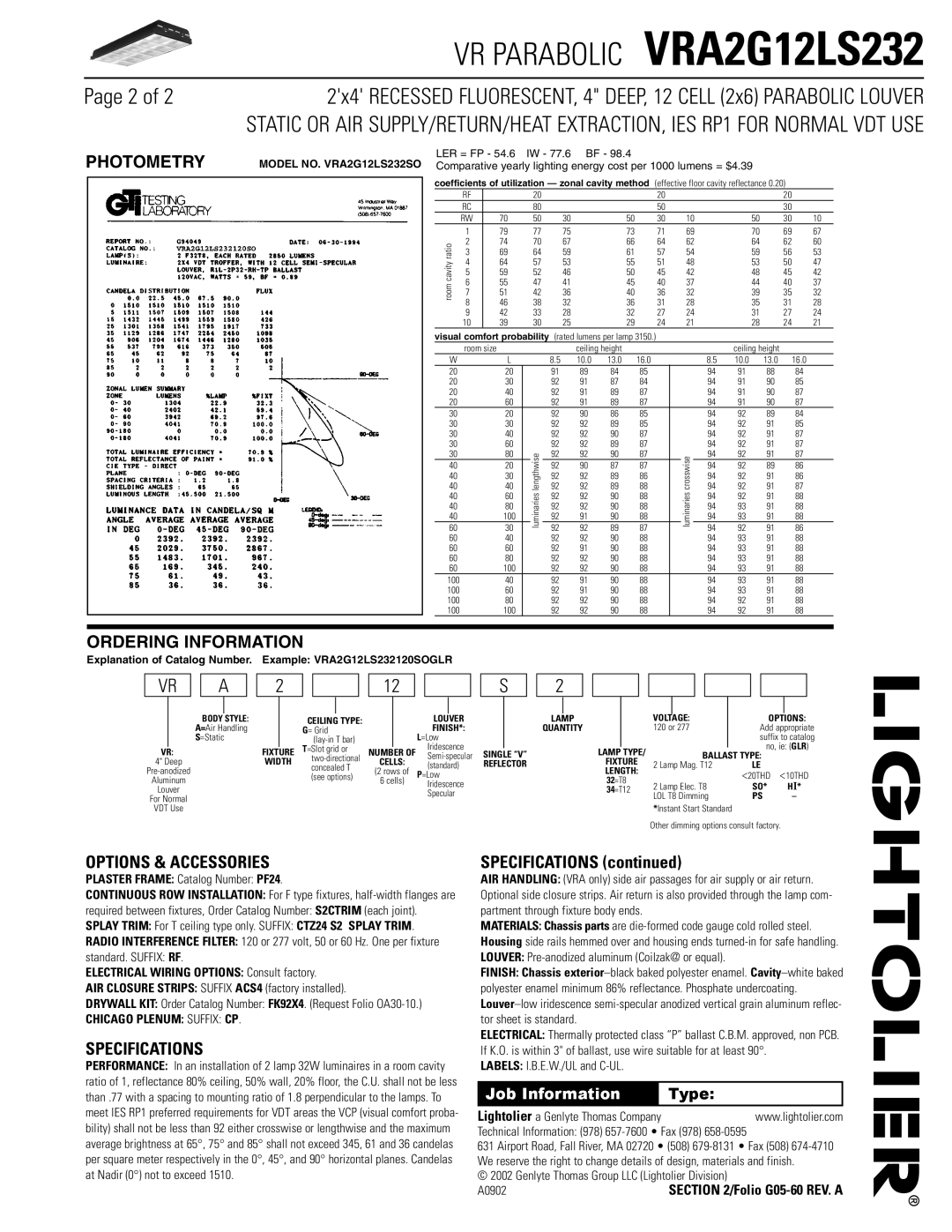 Lightolier VRA2G12LS232 dimensions Photometry, Ordering Information, Options & Accessories, Specifications 