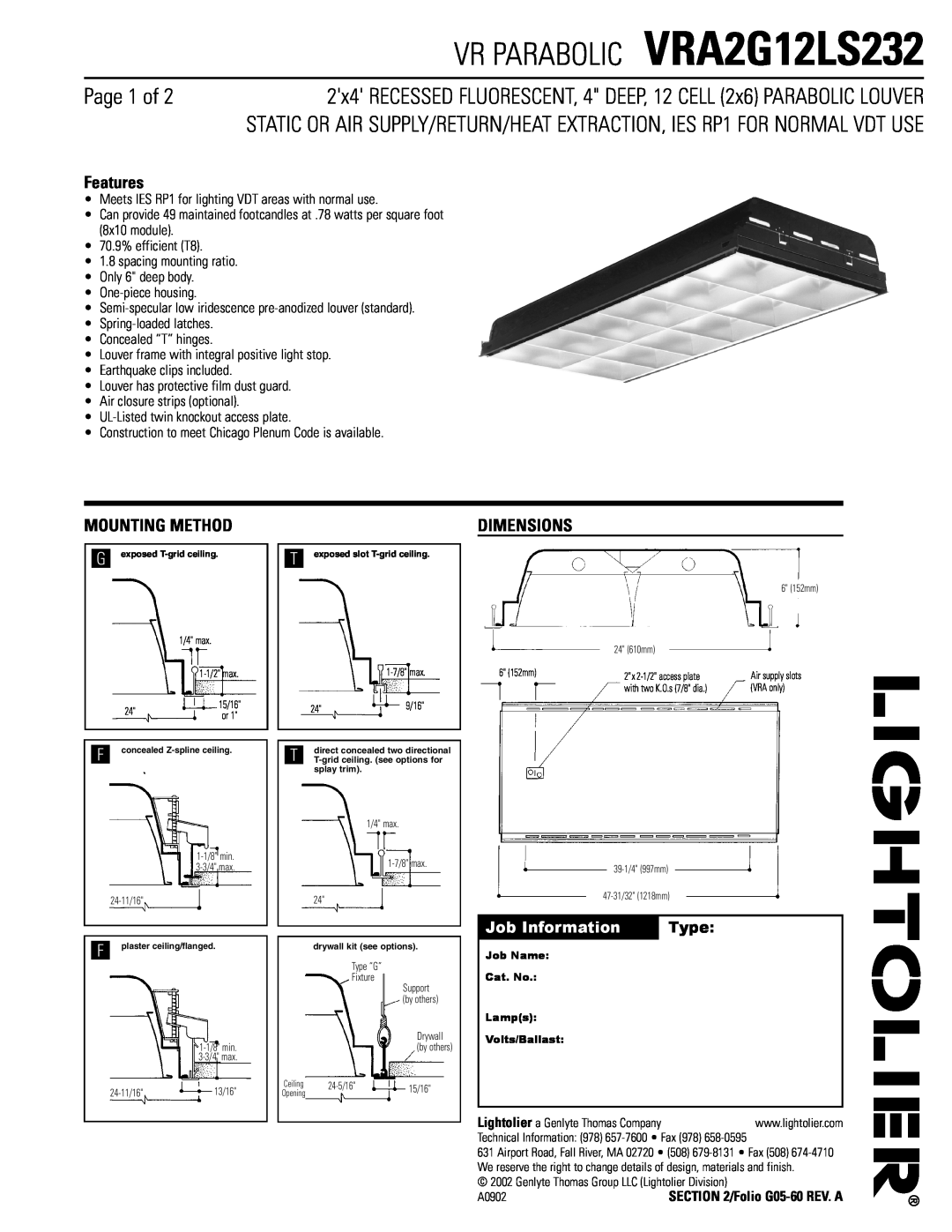 Lightolier dimensions VR PARABOLIC VRA2G12LS232, Page 1 of, Features, Mounting Method, Dimensions, Job Information 