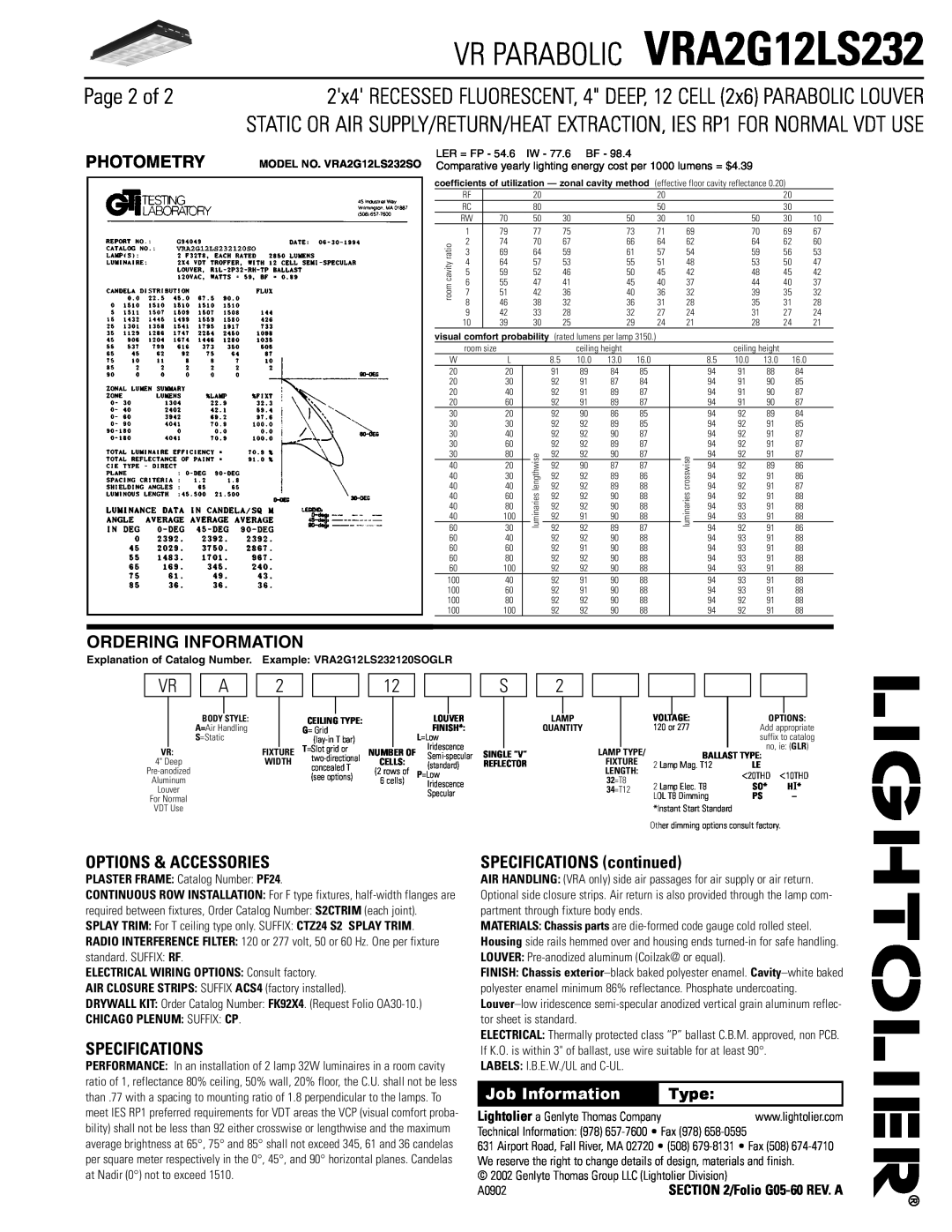 Lightolier VRA2G12LS232 Page 2 of, Options & Accessories, Specifications, SPECIFICATIONS continued, Photometry, Type 