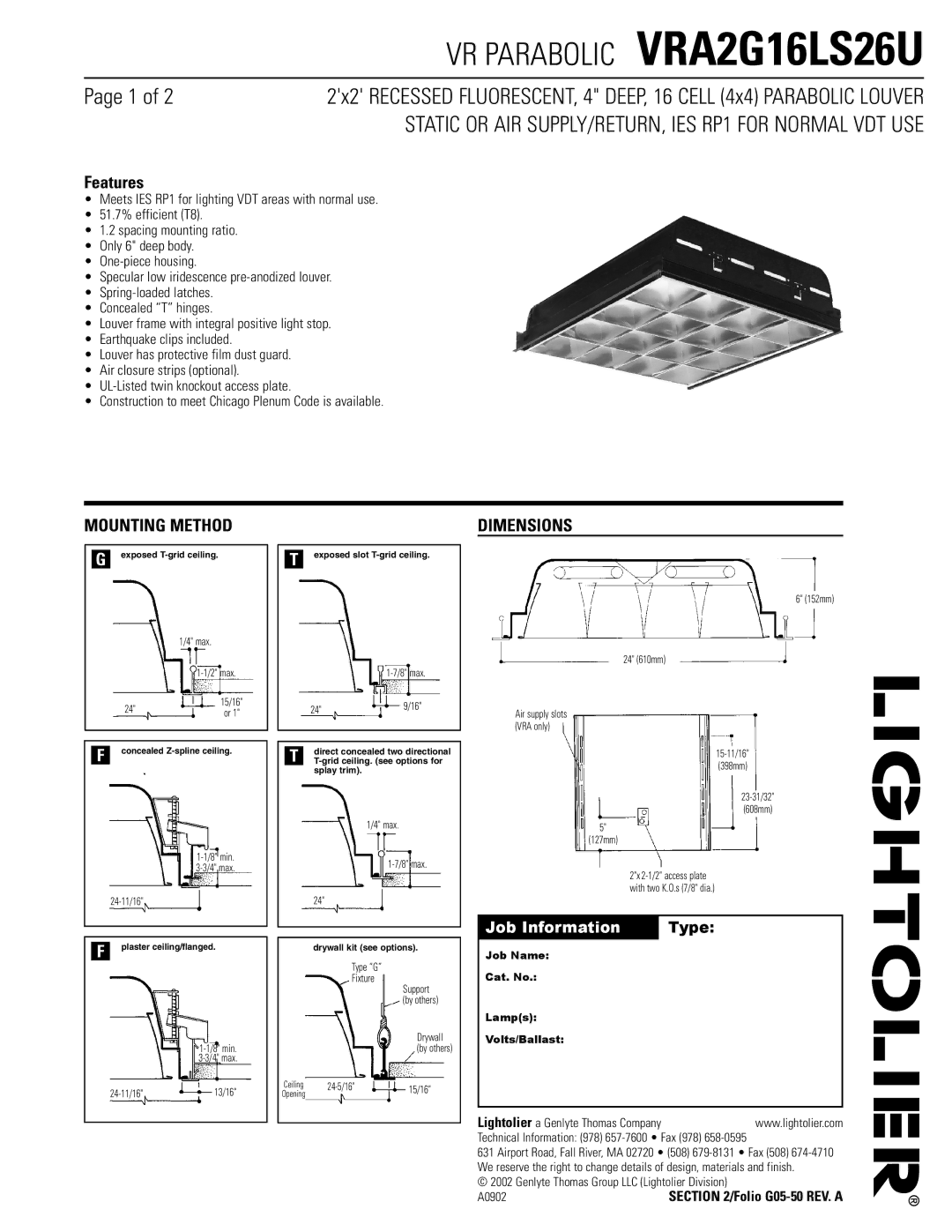 Lightolier VRA2G16LS26U dimensions Mounting Method, Dimensions 