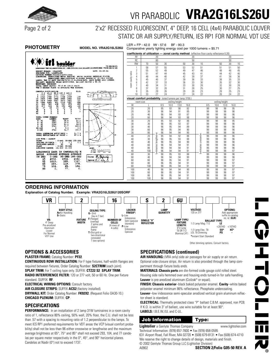 Lightolier VRA2G16LS26U dimensions Options & Accessories, Specifications 