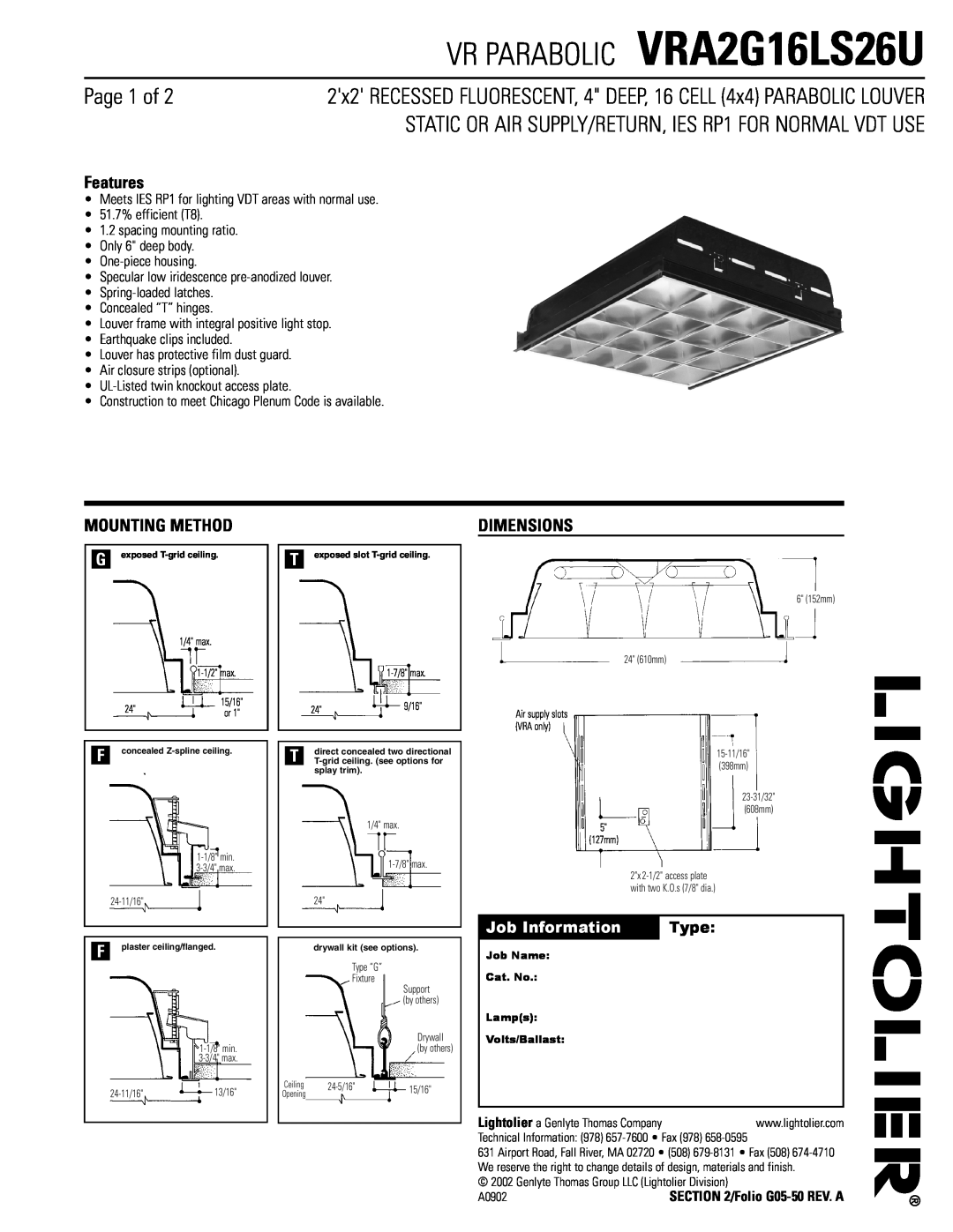 Lightolier dimensions VR PARABOLIC VRA2G16LS26U, Page 1 of, Features, Mounting Method, Dimensions, Job Information 