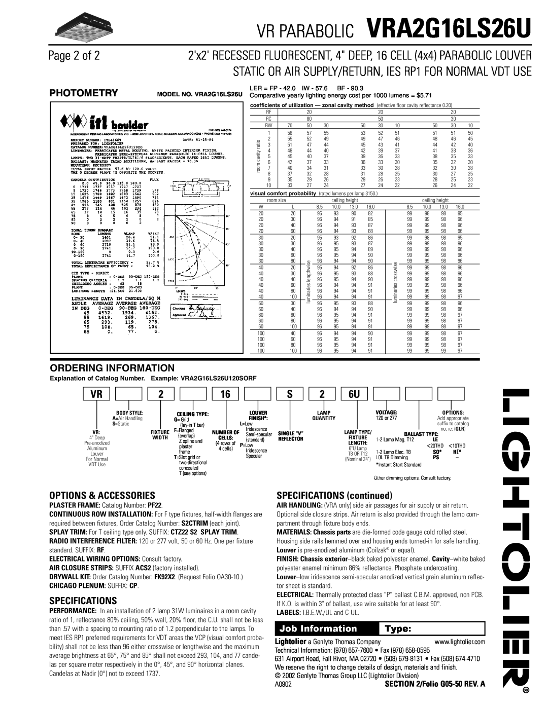 Lightolier VRA2G16LS26U Page 2 of, Options & Accessories, Specifications, SPECIFICATIONS continued, Photometry, Type 