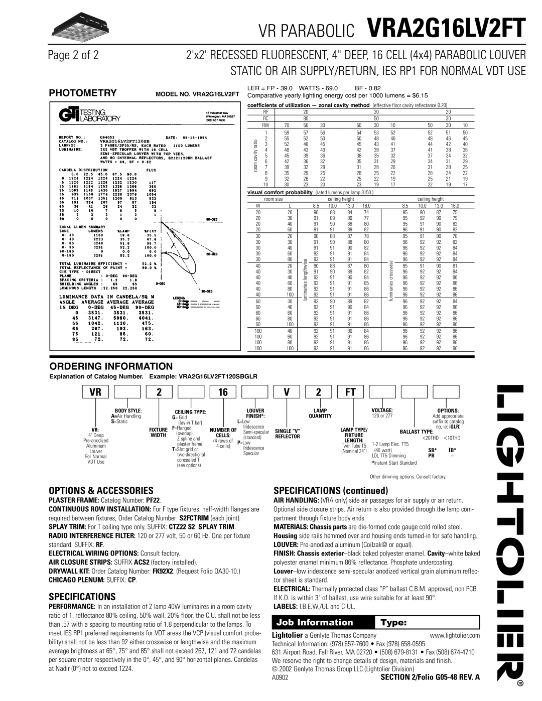 Lightolier VRA2G16LV2FT dimensions Photometry, Ordering Information, Options & Accessories, Specifications 