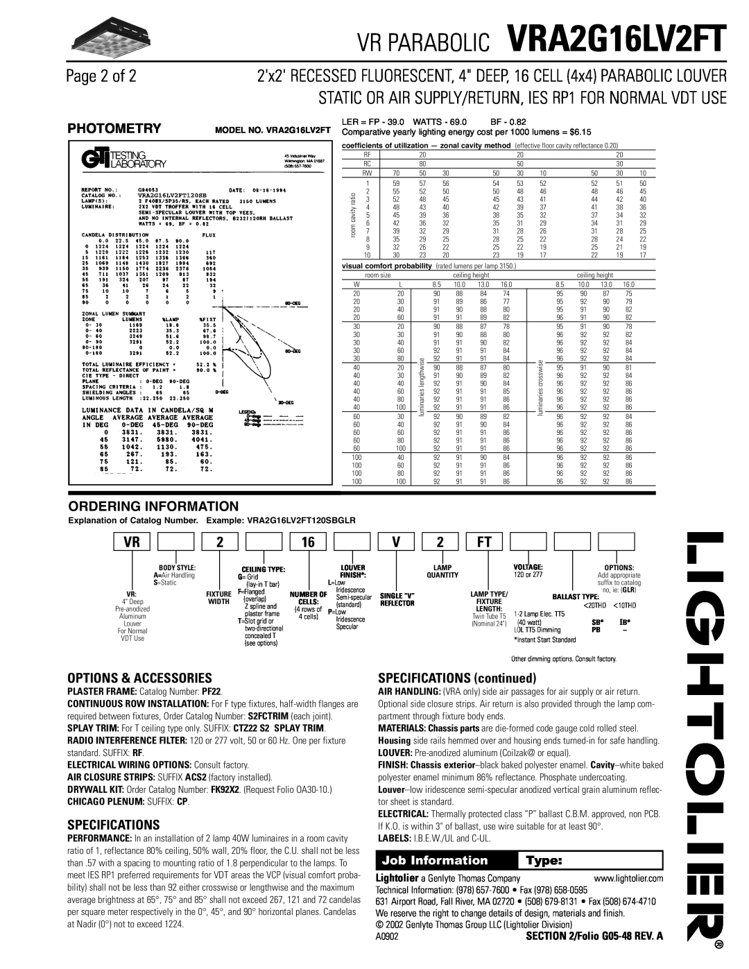 Lightolier VRA2G16LV2FT dimensions Page 2 of, Photometry, Ordering Information, Options & Accessories, Specifications, Type 