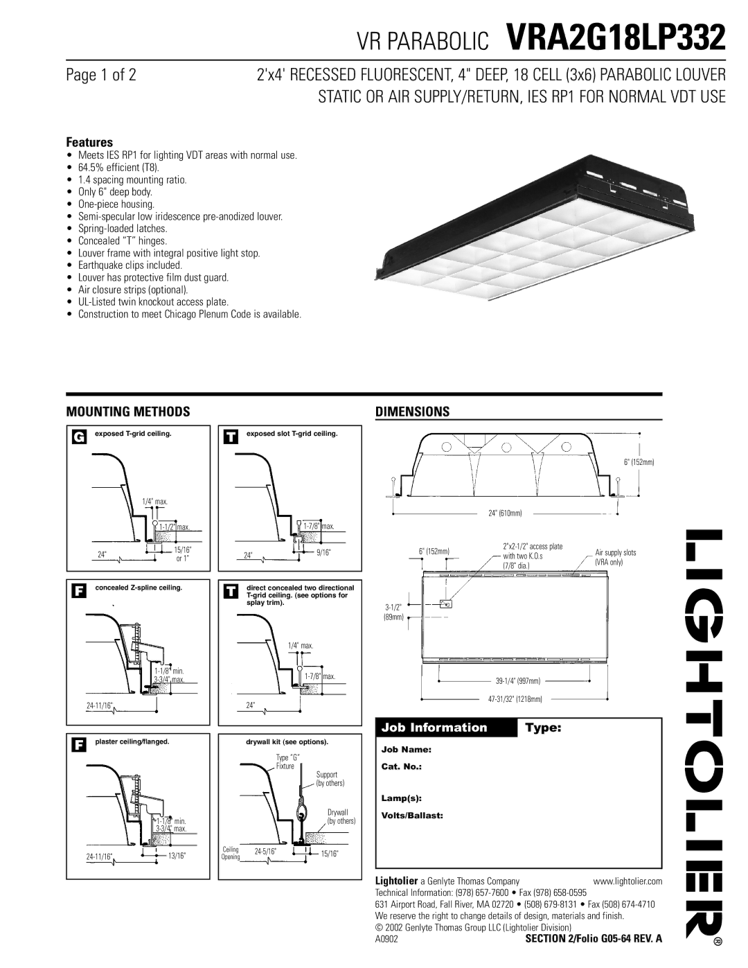 Lightolier VRA2G18LP332 dimensions Mounting Methods, Dimensions 