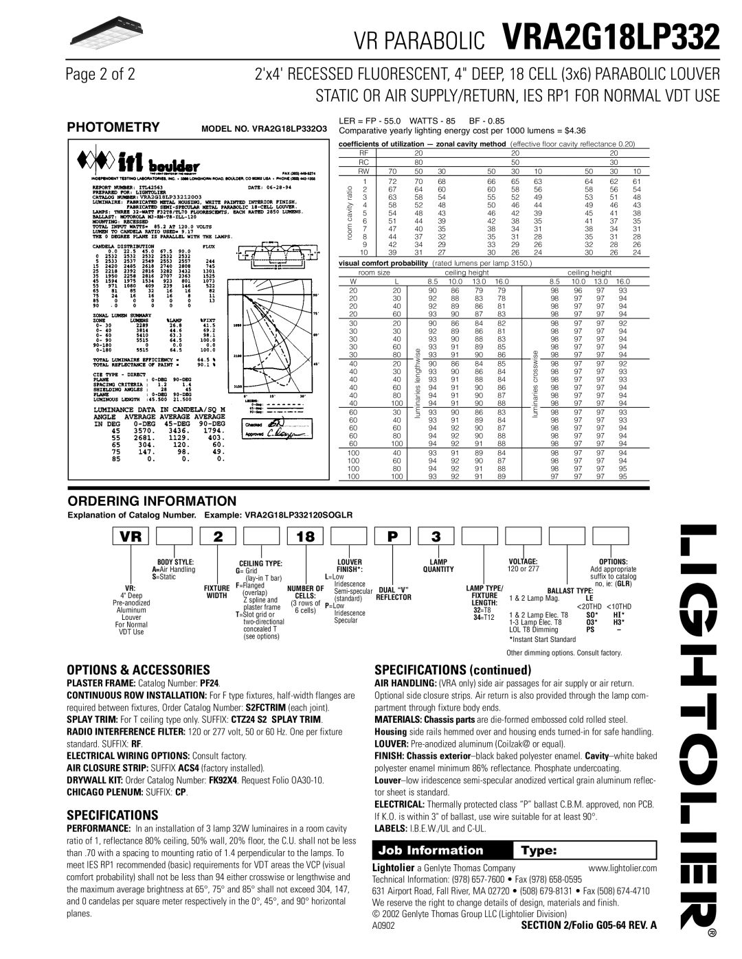 Lightolier VRA2G18LP332 dimensions Options & Accessories, Specifications 