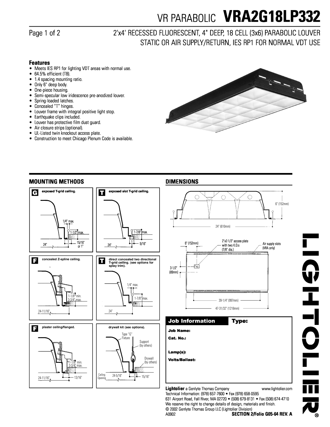 Lightolier dimensions VR PARABOLIC VRA2G18LP332, Page 1 of, STATIC OR AIR SUPPLY/RETURN, IES RP1 FOR NORMAL VDT USE 
