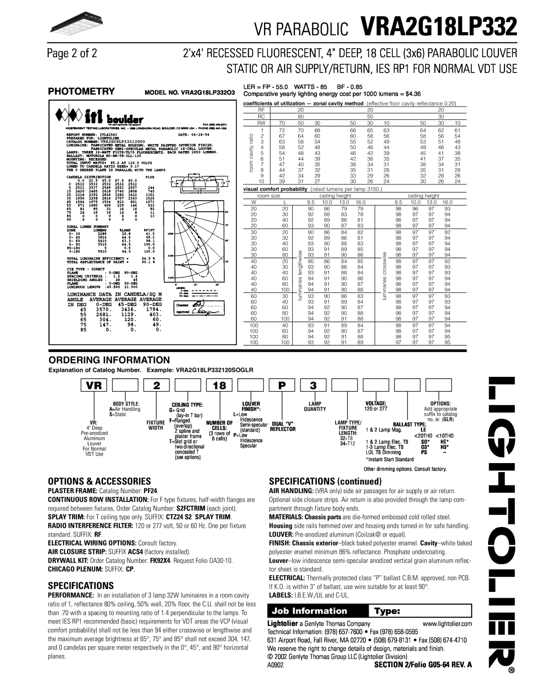 Lightolier VRA2G18LP332 Page 2 of, Options & Accessories, Specifications, SPECIFICATIONS continued, Photometry, Type 