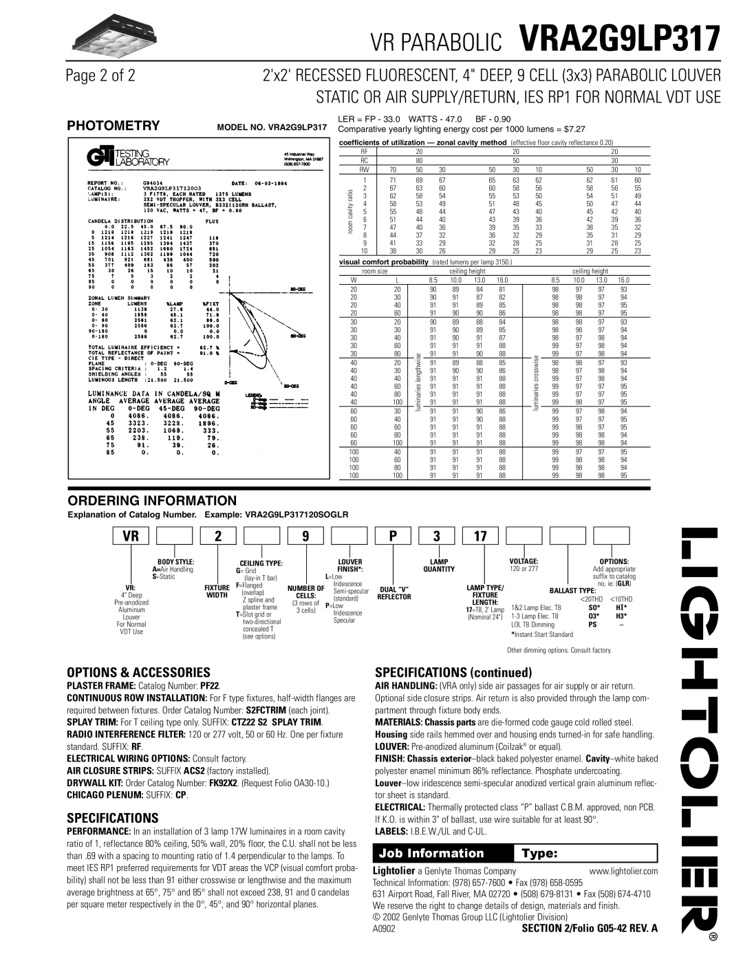 Lightolier VRA2G9LP317 dimensions Options & Accessories, Specifications 