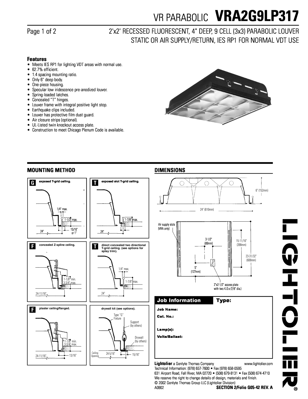 Lightolier dimensions VR PARABOLIC VRA2G9LP317, Page 1 of, Features, Mounting Method, Dimensions, Job Information, Type 