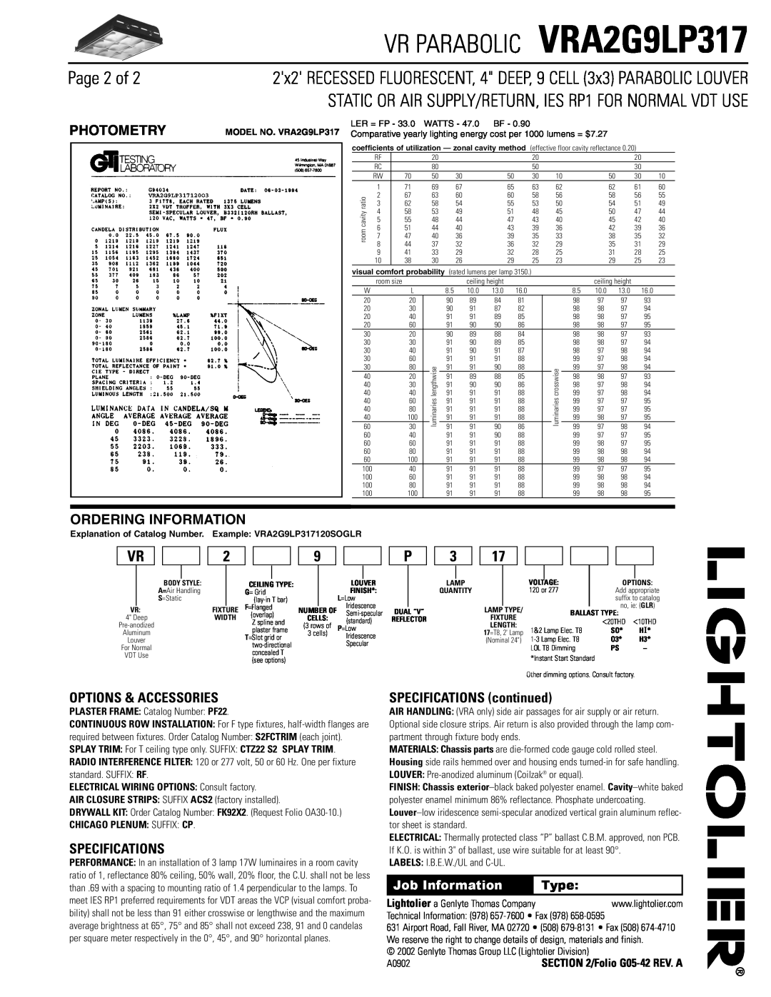 Lightolier VRA2G9LP317 Page 2 of, Options & Accessories, Specifications, SPECIFICATIONS continued, Photometry, Type 