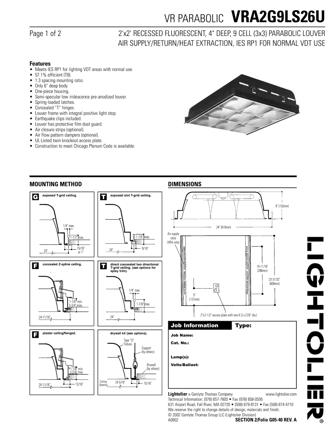 Lightolier VRA2G9LS26USO dimensions Mounting Method, Dimensions 