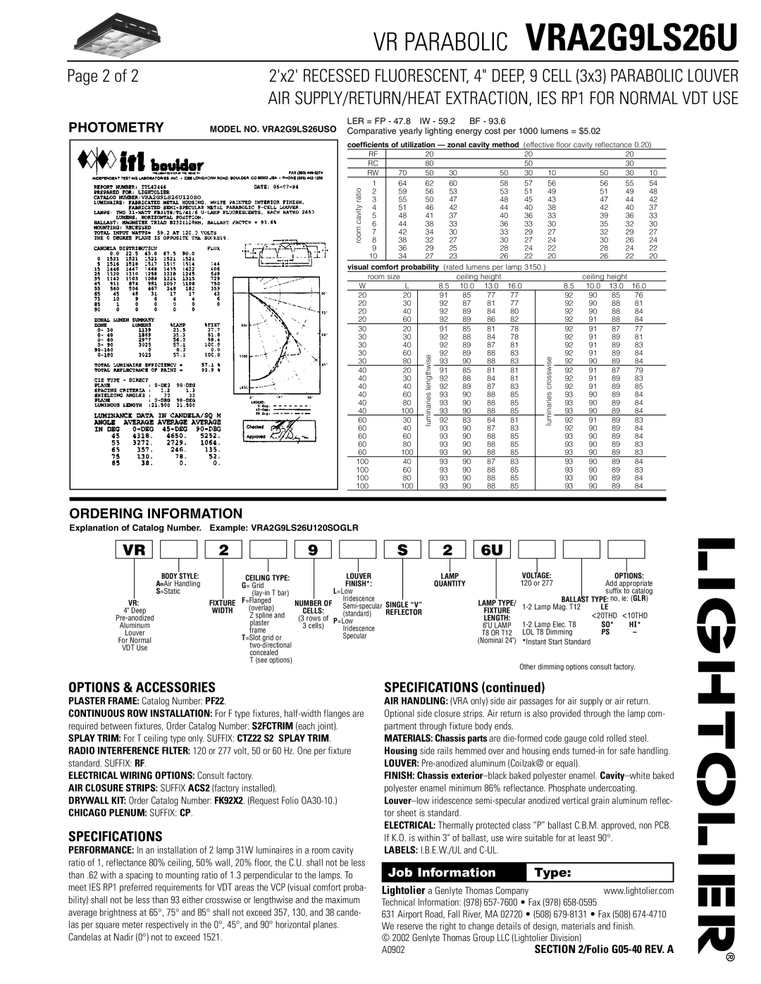 Lightolier VRA2G9LS26USO dimensions Options & Accessories, Specifications 