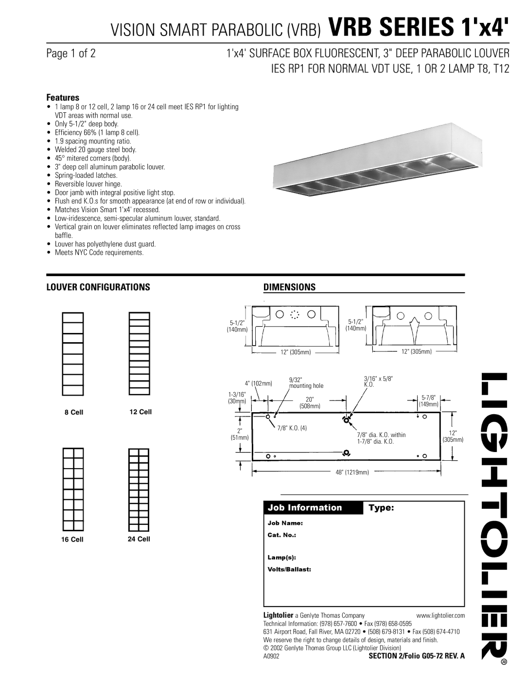 Lightolier VRB Series dimensions Features, Louver Configurations Dimensions, Job Information Type 