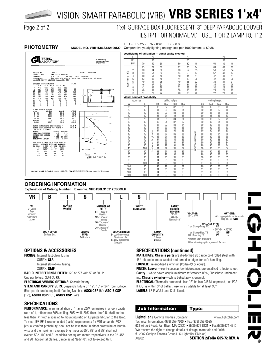 Lightolier VRB Series dimensions Photometry, Ordering Information, Options & Accessories, Specifications 