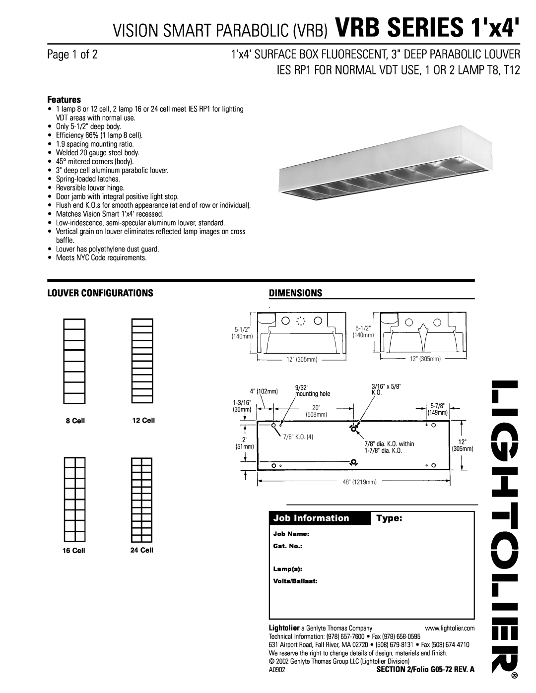 Lightolier VRB Series dimensions Vision Smart Parabolic Vrb Vrb Series, Page 1 of, Features, Louver Configurations, Type 