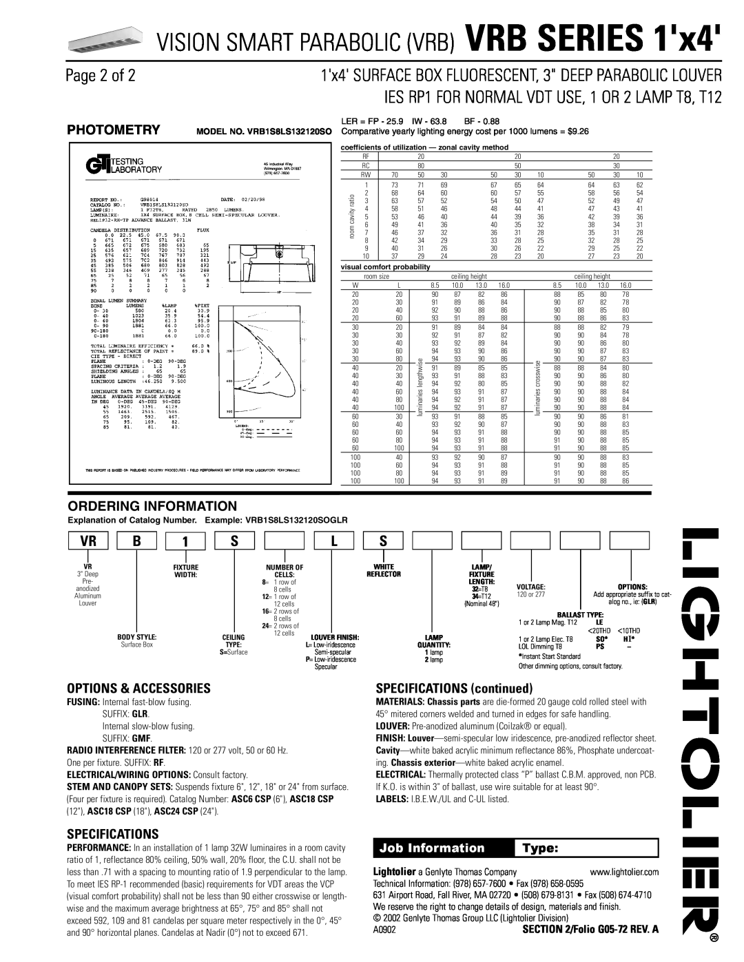 Lightolier VRB Series Page 2 of, Options & Accessories, Specifications, SPECIFICATIONS continued, Photometry, Type, Iw, Bf 
