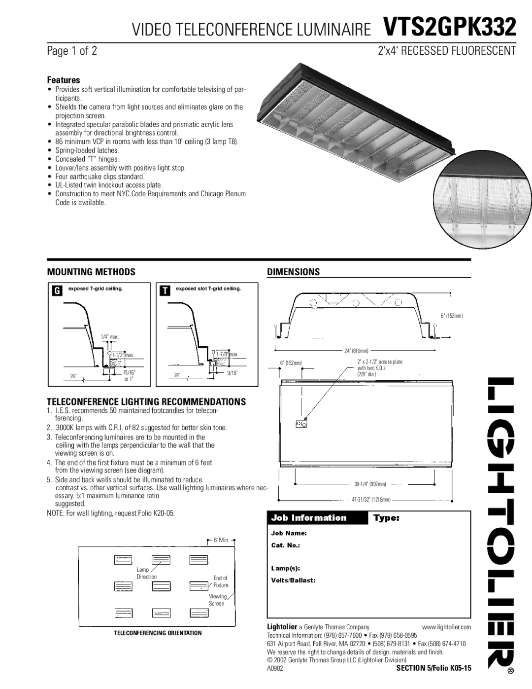 Lightolier VTS2GPK332 dimensions Mounting Methods, Dimensions, Teleconference Lighting Recommendations 