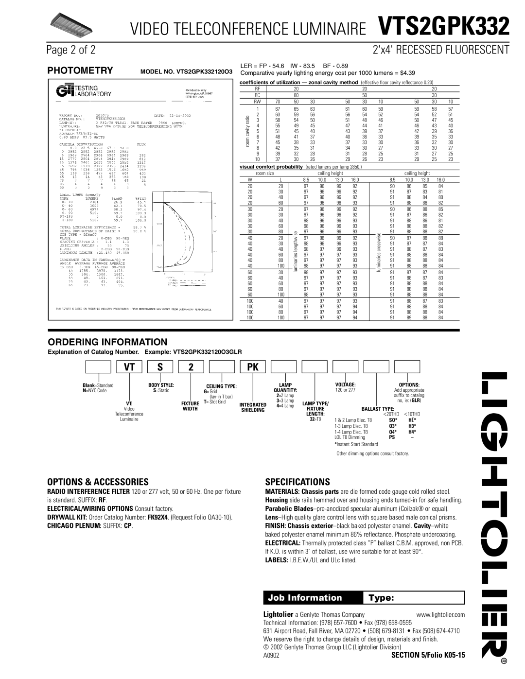 Lightolier VTS2GPK332 dimensions Photometry, Ordering Information, Options & Accessories, Specifications, Job Information 