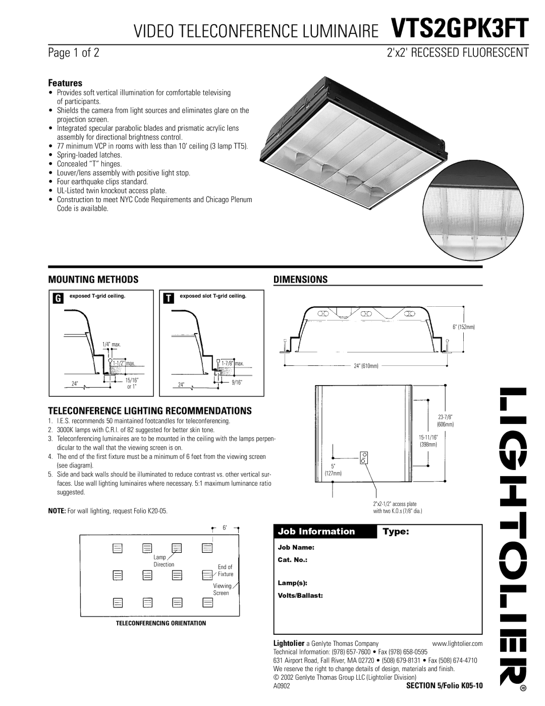 Lightolier VTS2GPK3FT dimensions Mounting Methods, Dimensions, Teleconference Lighting Recommendations 