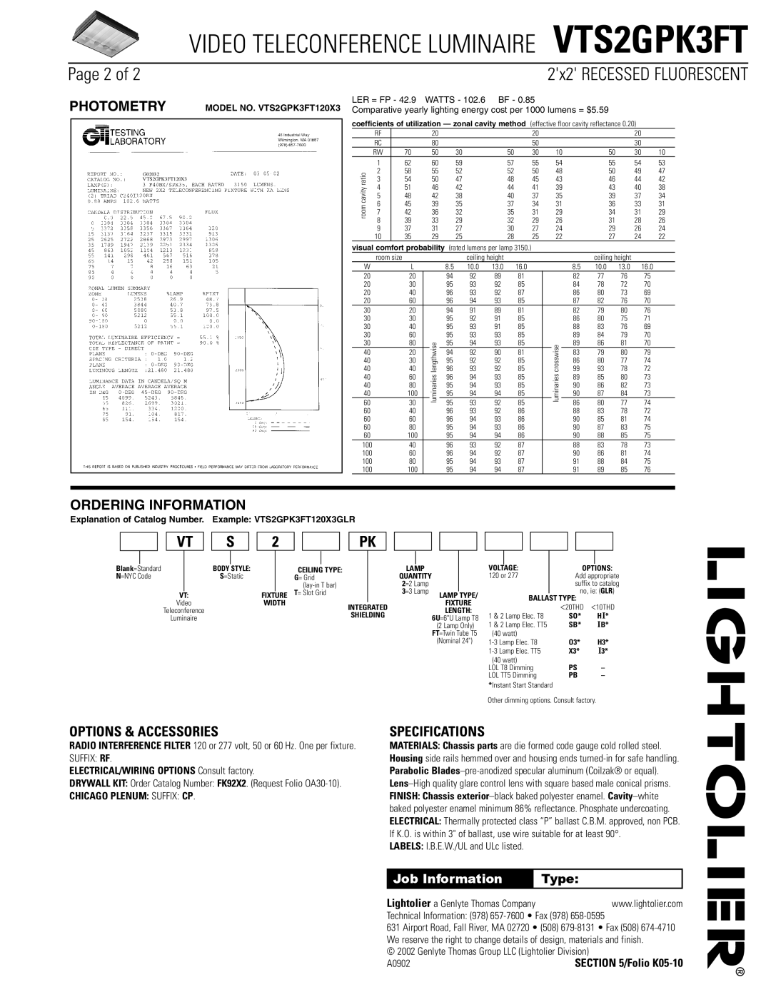 Lightolier VTS2GPK3FT dimensions Photometry, Ordering Information, Options & Accessories, Specifications, Job Information 